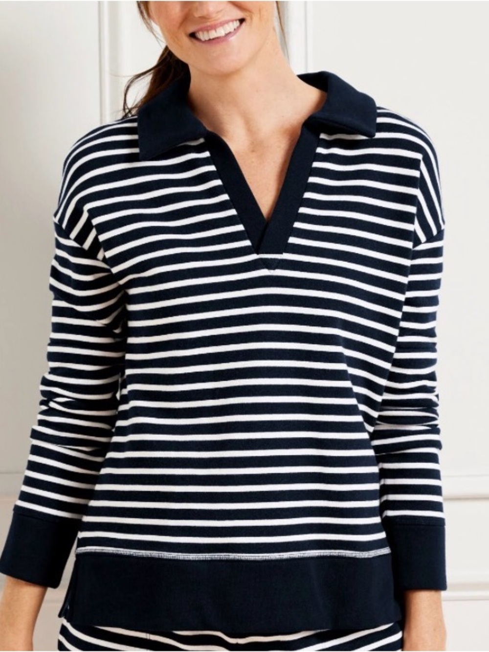 T by Talbots | Navy & White Wander Stripe Cotton French Terry Pullover Sz 2X